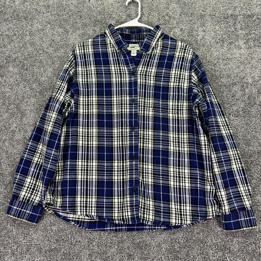 L.L. Bean Flannel Shirt Womens Large Petite Blue Plaid Long Sleeve Relaxed Fit